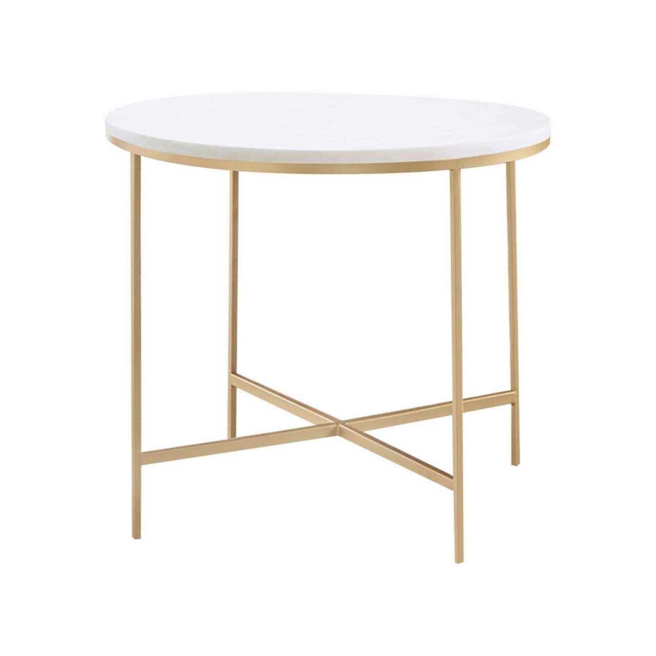 Saltoro Sherpi 24 Inch Side End Table, Rounded Marble Surface, Sleek Gold Metal Frame-